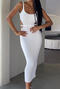 sexy slight stretch knitted solid colour hollow out lace-up midi dress_White