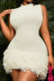 casual slight stretch solid color sleeveless knit tight tassel mini dress_Black_White