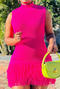 casual slight stretch solid color sleeveless knit tight tassel mini dress_Black_White_Magenta