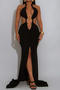 sexy plus size slight stretch halter neck deep v large backless slit maxi dress_Black
