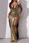 sexy slight stretch holographic halter-neck high slit maxi dress_Black_Gold