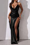 sexy slight stretch holographic halter-neck high slit maxi dress_Black