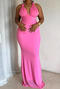 sexy slight stretch solid color halter neck large backless pleated maxi dress_Pink