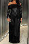 sexy plus size slight stretch off-shoulder see-through lace stitching maxi dress_Black