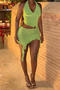 sexy slight stretch solid color slim fit hollow halter neck backless mini dress_Black_Green