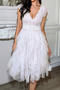 casual slight stretch stitching lace v-neck midi dress_Black_White