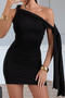 sexy slight stretch one shoulder solid color lace-up mini dress_Black
