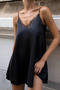 stylish slight stretch satin lace stitching backless sling mini dress_Black