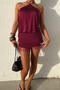 sexy slight stretch tassels decor halter-neck shirring mini dress_Rose Red