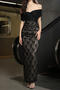 elegant slight stretch lace off shoulder solid color slit maxi dress_Black