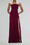 sexy plus size slight stretch solid color metal chain sling high slit maxi dress_Black_Rose Red