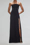 sexy plus size slight stretch solid color metal chain sling high slit maxi dress_Black