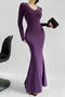 casual slight stretch 6 colors v-neck solid color maxi dress(size run small)_Black_Gray_Red_Yellow_Purple