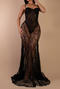 sexy plus size slight stretch see-through lace sling with padded maxi dress_Black