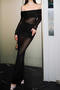 sexy slight stretch glitter off-shoulder slit see-through maxi dress(with skirt)_Black