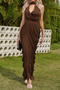 casual slight stretch halter-neck shirring solid color maxi dress_Black_Brown