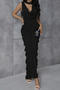 casual slight stretch halter-neck shirring solid color maxi dress_Black