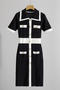 casual slight stretch contrast color single-breasted knitted midi dress_Black