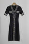 casual slight stretch bow decor single-breasted knitted midi dress_Black