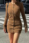 casual slight stretch ribbed knit crew neck solid color slim mini dress_Black_Brown