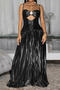 sexy plus size non-stretch sling hollow pleated holographic maxi dress_Black