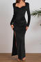 sexy slight stretch solid color velvet slim high slit pleated maxi dress_Black