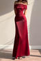 sexy slight stretch solid color pleated satin off-shoulder lace-up maxi dress_Rose Red