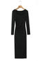 casual slight stretch solid color slim fit pleated square neck midi dress_Black