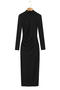 casual slight stretch solid color slim fit pleated half high collar midi dress_Black