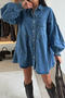 casual non-stretch denim lapel solid color mini dress_Blue