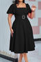casual plus size slight stretch solid color square neck midi dress with belt_Black