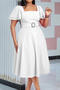 casual plus size slight stretch solid color square neck midi dress with belt_Black_White