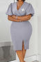 casual plus size slight stretch lantern sleeve slim slit midi dress with belt_White_Gray