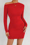 casual slight stretch simple 4-colors solid color tight long sleeve mini dress_Black_Red