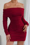 casual stretch off-shoulder solid color tight long sleeve shirring mini dress_Black_White_Rose Red