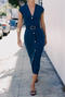 casual slight stretch 3 colors v-neck solid color with belt midi dress_Black_Gray_Blue
