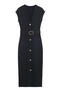 casual slight stretch 3 colors v-neck solid color with belt midi dress_Black