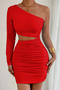 sexy slight stretch 7-colors hollow tight one shoulder shirring mini dress_Black_White_Pink_Red