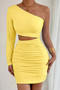 sexy slight stretch 7-colors hollow tight one shoulder shirring mini dress_Black_White_Pink_Red_Yellow