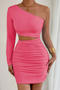 sexy slight stretch 7-colors hollow tight one shoulder shirring mini dress_Black_White_Pink