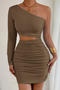 sexy slight stretch 7-colors hollow tight one shoulder shirring mini dress_Black_White_Pink_Red_Yellow_Sky Blue_Brown