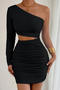 sexy slight stretch 7-colors hollow tight one shoulder shirring mini dress_Black