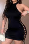 sexy slight stretch hollow eyelet lace-up halter-neck bodycon mini dress_Black