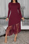 casual plus size slight stretch solid color slim fit tassel decor maxi dress_Black_Rose Red