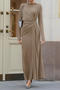 casual slight stretch solid color slim-fit twist pleated long-sleeved maxi dress_Khaki 