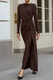 casual slight stretch solid color slim-fit twist pleated long-sleeved maxi dress_Khaki _Reddish Brown
