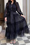 casual non-stretch mesh lace splicing pleated maxi dress_Black