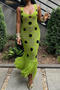 sexy slight stretch ribbed knit v-neck dot pattern tassels maxi dress_White_Green