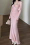 casual stretch solid color kink padded two-piece maxi dress(size run small)_Black_Pink