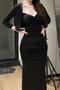 casual stretch solid color kink padded two-piece maxi dress(size run small)_Black